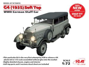 ICM 1/72 G4 (1935 production) Soft Top, WWII German Staff Car, snap fit/no glue # 72472